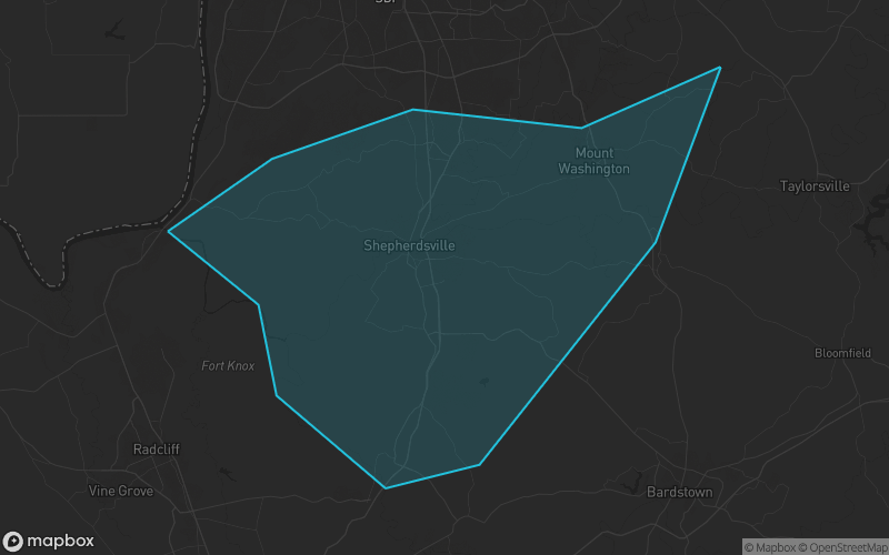 Map of Bullitt County, Kentucky showing the county boundary and surrounding cities