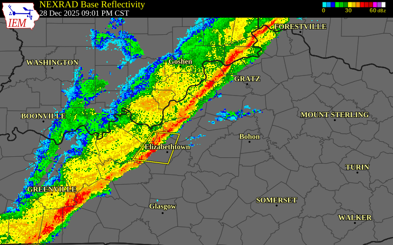 NEXRAD radar during the Sunday, December 28, 2025 storm activity in Bullitt County, Kentucky