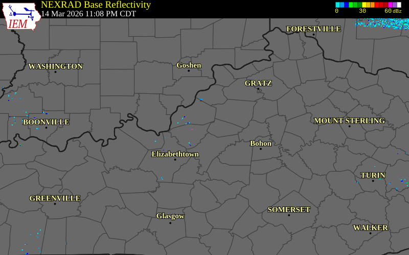NEXRAD radar during the Sunday, March 15, 2026 storm activity in Bullitt County, Kentucky