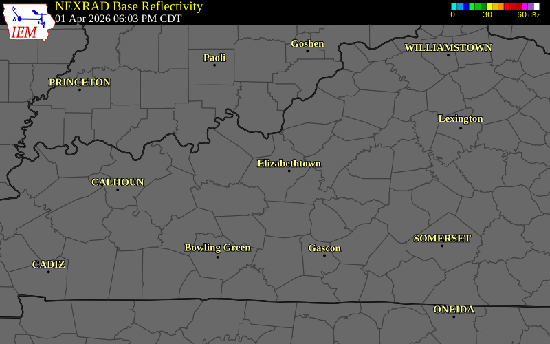 NEXRAD radar during the Wednesday, April 1, 2026 storm activity in Bullitt County, Kentucky