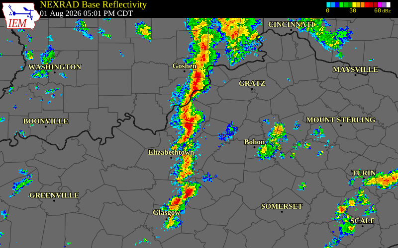 NEXRAD radar during the Saturday, August 1, 2026 storm activity in Bullitt County, Kentucky