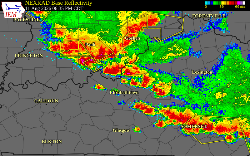 NEXRAD radar during the Tuesday, August 11, 2026 storm activity in Bullitt County, Kentucky
