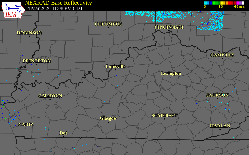 Radar snapshot during the Mar 15, 2026 wind event near Mount Washington, Bullitt County, Kentucky, with NWS warning polygons