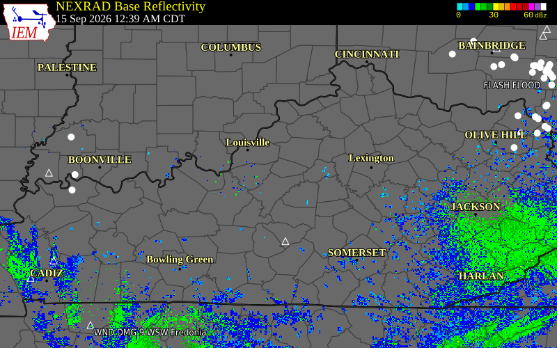 Current NEXRAD radar over Bullitt County, Kentucky with recent storm report locations