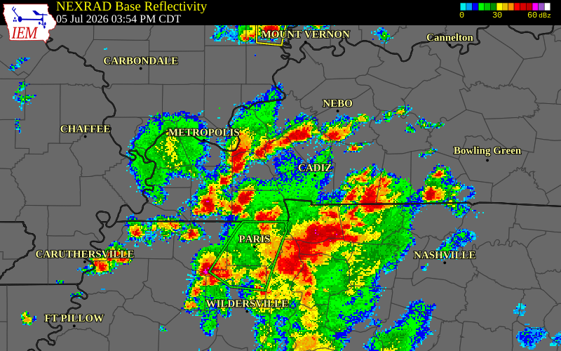 NEXRAD radar during the Sunday, July 5, 2026 storm activity in Caldwell County, Kentucky