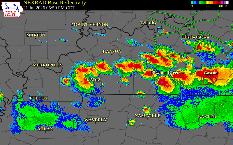 NEXRAD radar during the Tuesday, July 21, 2026 storm activity in Caldwell County, Kentucky