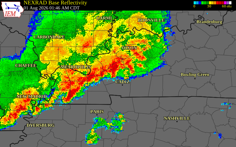 NEXRAD radar during the Saturday, August 1, 2026 storm activity in Caldwell County, Kentucky