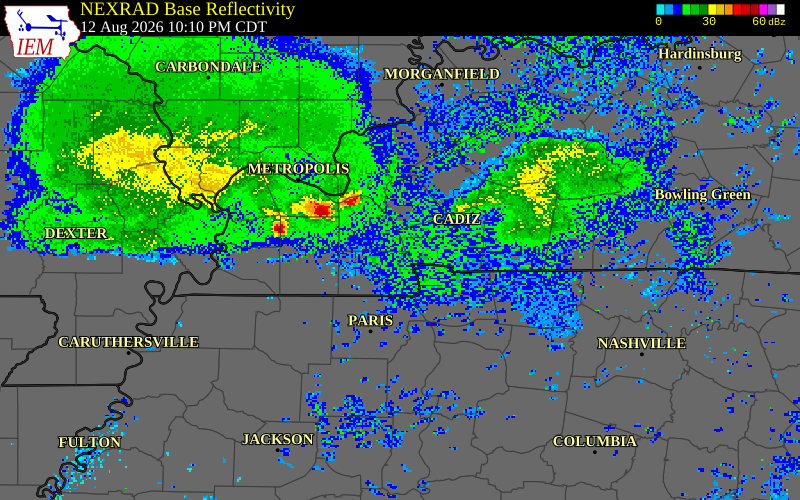 NEXRAD radar during the Wednesday, August 12, 2026 storm activity in Caldwell County, Kentucky