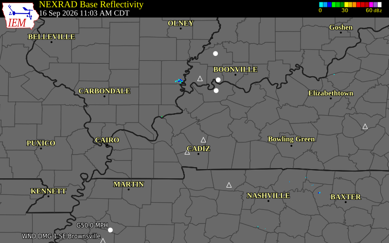 Current NEXRAD radar over Caldwell County, Kentucky with recent storm report locations