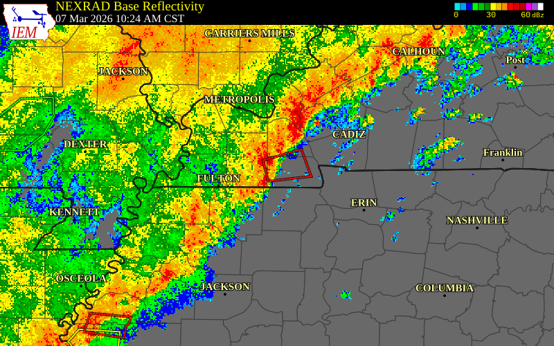 NEXRAD radar during the Saturday, March 7, 2026 storm activity in Calloway County, Kentucky