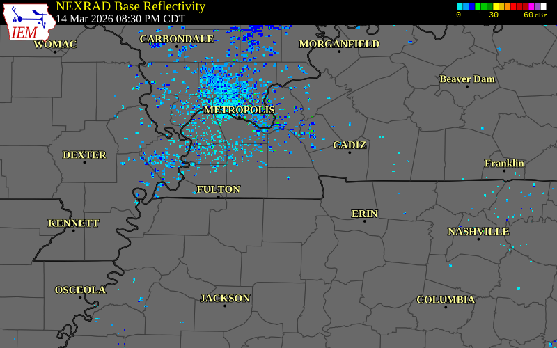 NEXRAD radar during the Saturday, March 14, 2026 storm activity in Calloway County, Kentucky