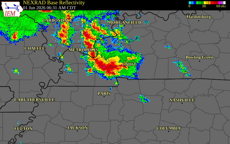 NEXRAD radar during the Monday, June 1, 2026 storm activity in Calloway County, Kentucky