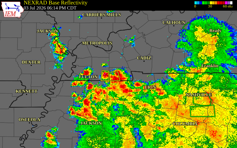 NEXRAD radar during the Friday, July 3, 2026 storm activity in Calloway County, Kentucky