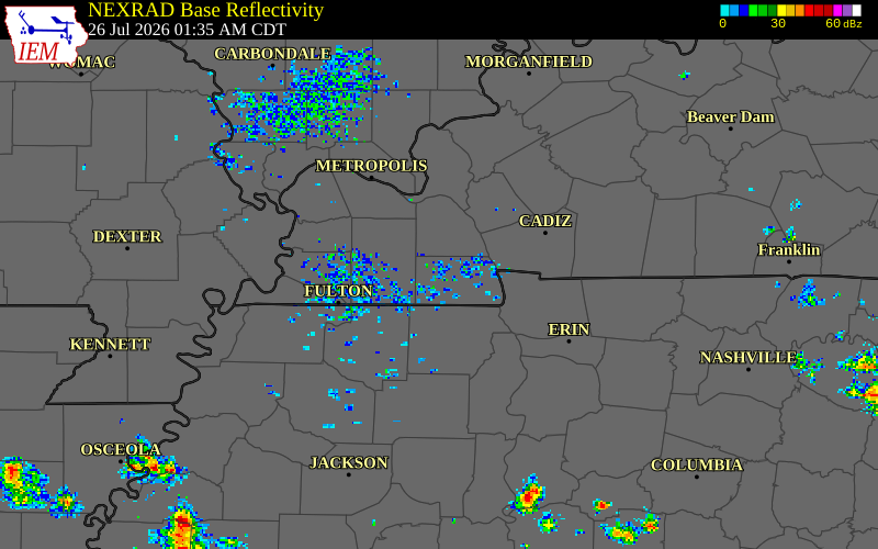 NEXRAD radar during the Sunday, July 26, 2026 storm activity in Calloway County, Kentucky