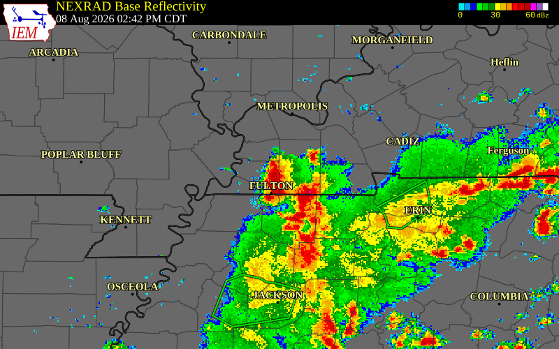 NEXRAD radar during the Saturday, August 8, 2026 storm activity in Calloway County, Kentucky