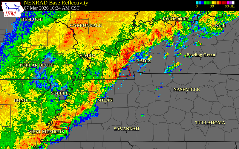 Radar snapshot during the Mar 7, 2026 tornado event near 3 NE Lynn Grove, Calloway County, Kentucky, with NWS warning polygons