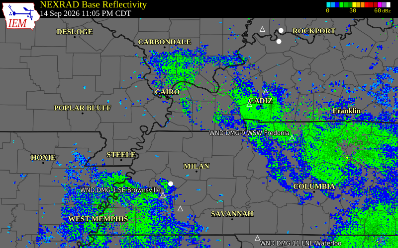 Current NEXRAD radar over Calloway County, Kentucky with recent storm report locations