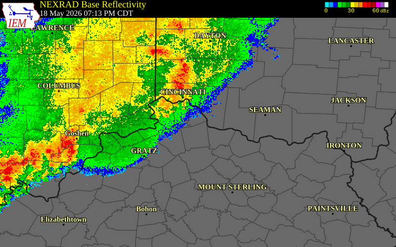 NEXRAD radar during the Monday, May 18, 2026 storm activity in Campbell County, Kentucky