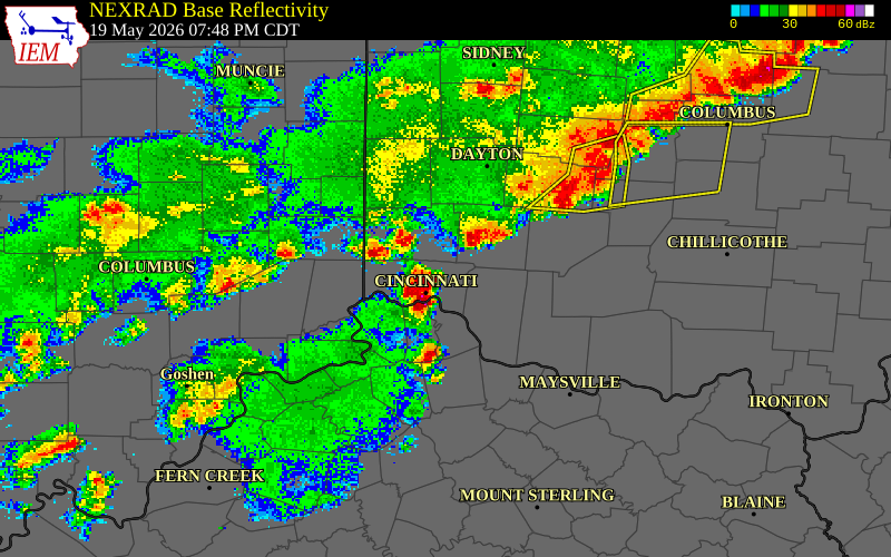 NEXRAD radar during the Tuesday, May 19, 2026 storm activity in Campbell County, Kentucky
