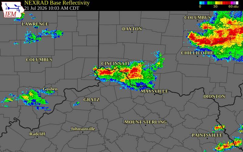 NEXRAD radar during the Tuesday, July 21, 2026 storm activity in Campbell County, Kentucky