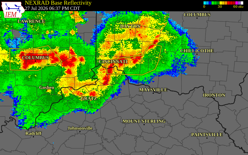 NEXRAD radar during the Monday, July 27, 2026 storm activity in Campbell County, Kentucky