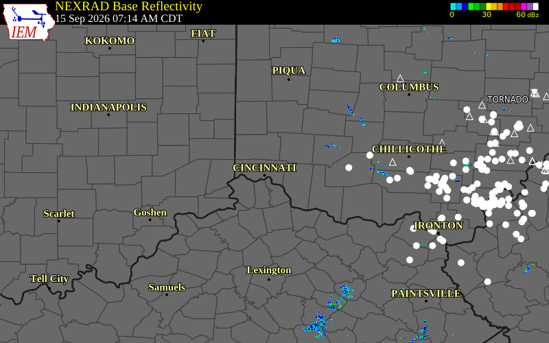 Current NEXRAD radar over Campbell County, Kentucky with recent storm report locations