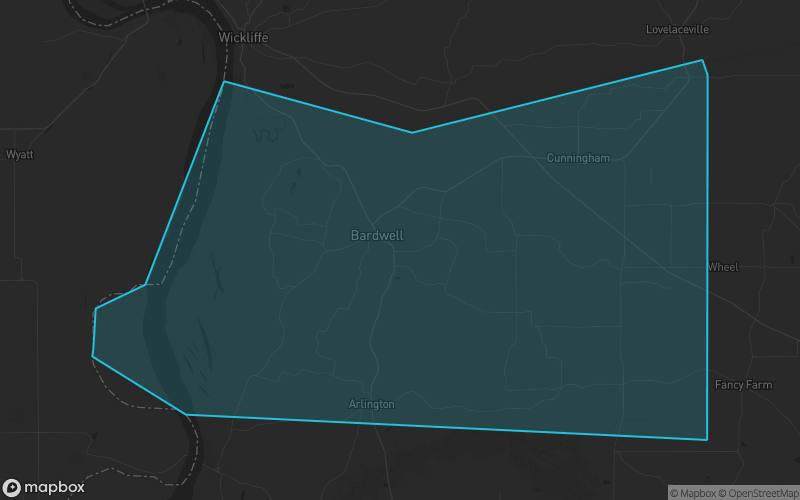Map of Carlisle County, Kentucky showing the county boundary and surrounding cities