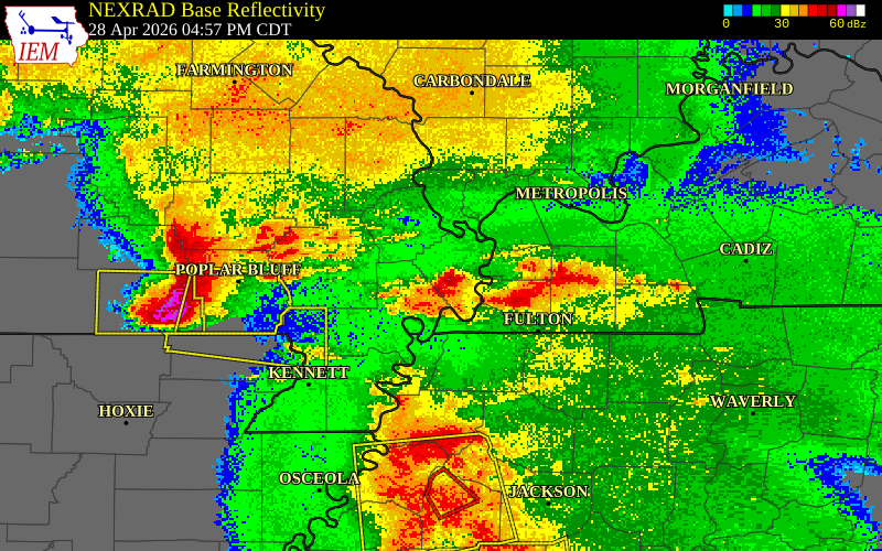 NEXRAD radar during the Tuesday, April 28, 2026 storm activity in Carlisle County, Kentucky