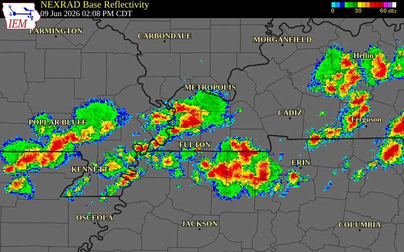 NEXRAD radar during the Tuesday, June 9, 2026 storm activity in Carlisle County, Kentucky