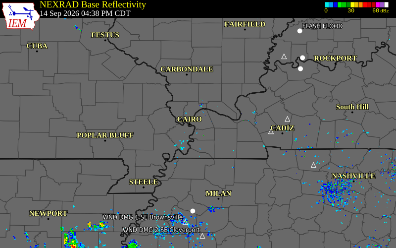Current NEXRAD radar over Carlisle County, Kentucky with recent storm report locations