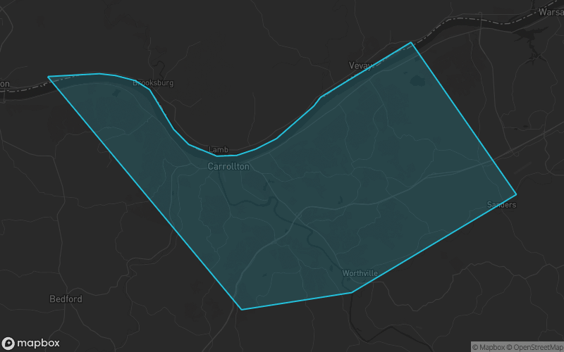 Map of Carroll County, Kentucky showing the county boundary and surrounding cities
