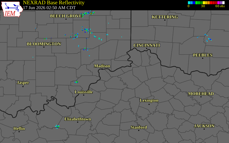 NEXRAD radar during the Wednesday, June 17, 2026 storm activity in Carroll County, Kentucky
