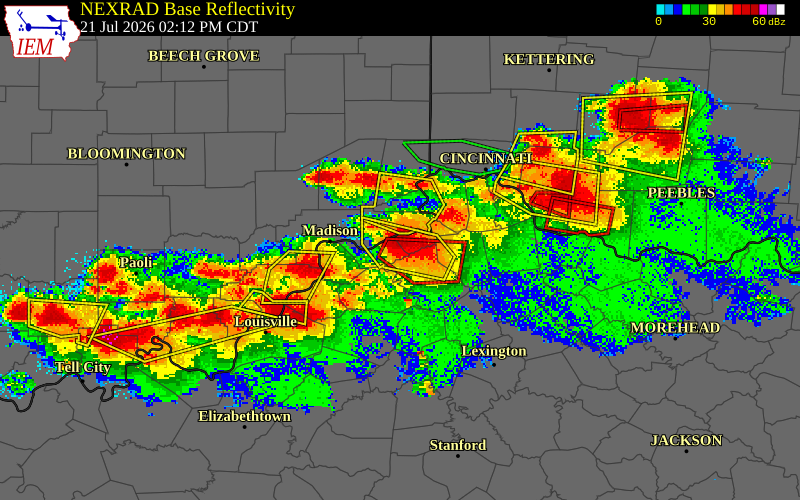 NEXRAD radar during the Tuesday, July 21, 2026 storm activity in Carroll County, Kentucky