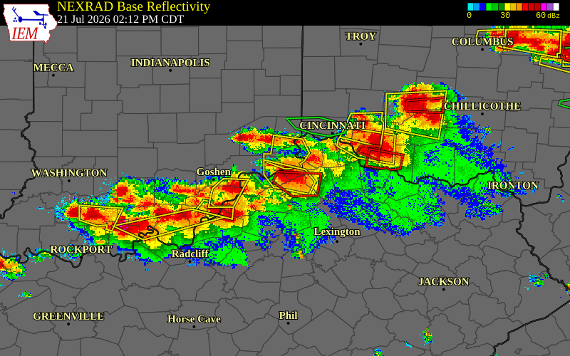 Radar snapshot during the Jul 21, 2026 tornado event near 3 NW Sanders, Carroll County, Kentucky, with NWS warning polygons