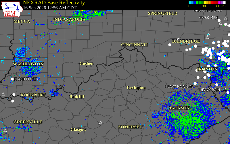 Current NEXRAD radar over Carroll County, Kentucky with recent storm report locations