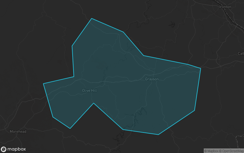 Map of Carter County, Kentucky showing the county boundary and surrounding cities