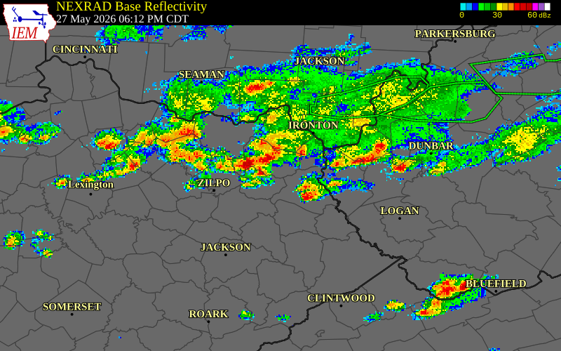 NEXRAD radar during the Wednesday, May 27, 2026 storm activity in Carter County, Kentucky