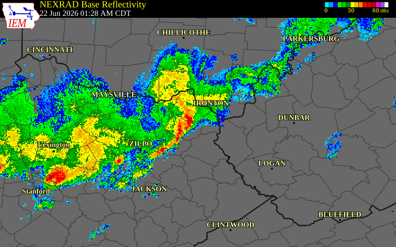 NEXRAD radar during the Monday, June 22, 2026 storm activity in Carter County, Kentucky