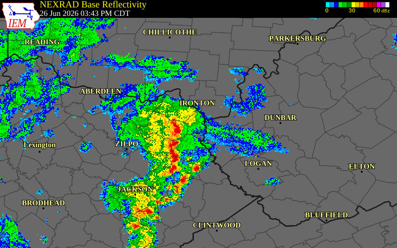 NEXRAD radar during the Friday, June 26, 2026 storm activity in Carter County, Kentucky