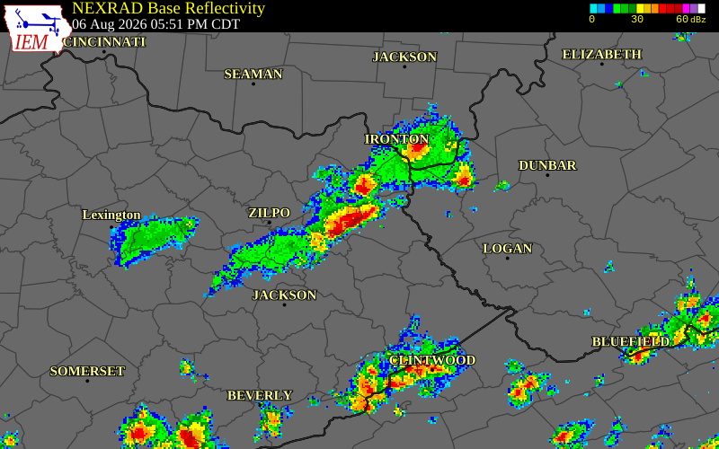 NEXRAD radar during the Thursday, August 6, 2026 storm activity in Carter County, Kentucky