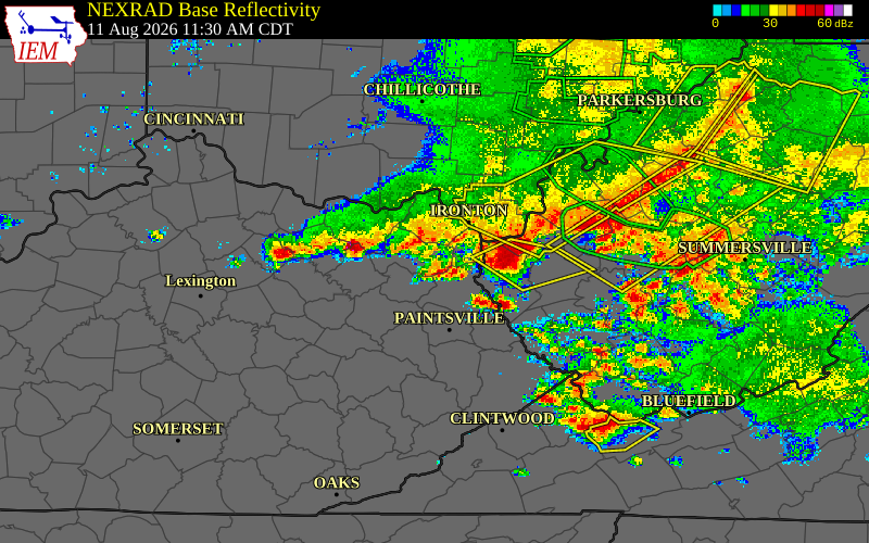 Radar snapshot during the Aug 11, 2026 wind event near Carter County, Carter County, Kentucky, with NWS warning polygons