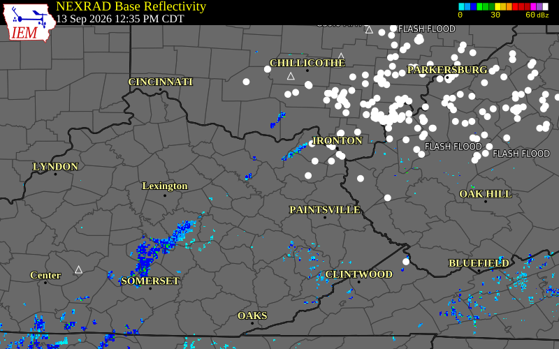 Current NEXRAD radar over Carter County, Kentucky with recent storm report locations