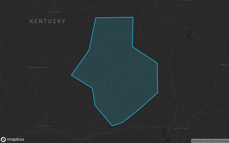 Map of Casey County, Kentucky showing the county boundary and surrounding cities