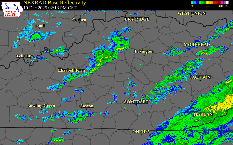 NEXRAD radar during the Wednesday, December 10, 2025 storm activity in Casey County, Kentucky