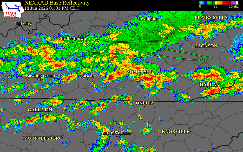 NEXRAD radar during the Thursday, June 18, 2026 storm activity in Casey County, Kentucky