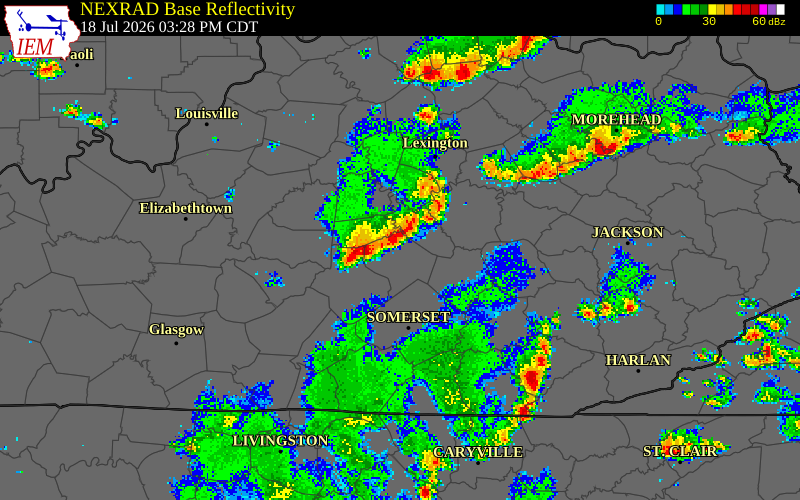 NEXRAD radar during the Saturday, July 18, 2026 storm activity in Casey County, Kentucky