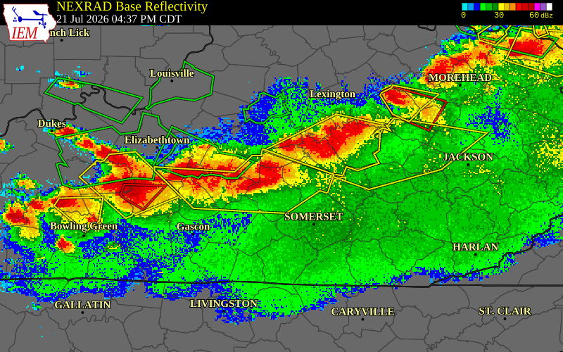 NEXRAD radar during the Tuesday, July 21, 2026 storm activity in Casey County, Kentucky