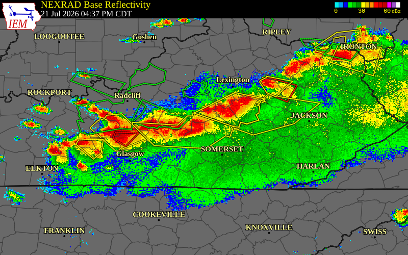 Radar snapshot during the Jul 21, 2026 tornado event near 3 W Hustonville, Casey County, Kentucky, with NWS warning polygons