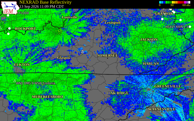 Current NEXRAD radar over Casey County, Kentucky with recent storm report locations