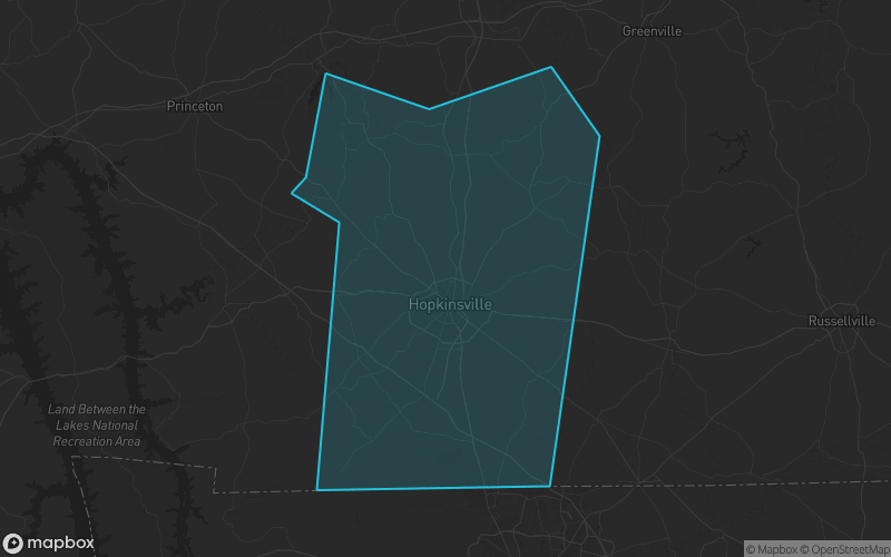 Map of Christian County, Kentucky showing the county boundary and surrounding cities